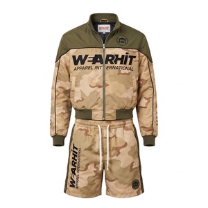 <b>Men's</b> <b>Shorts</b> Set Two Piece Rib Collar Cropped Polyester Racing Jacket and <b>Shorts</b> Sublimation Desert <b>Camo</b> Olive Custom Logo - Product Image 1