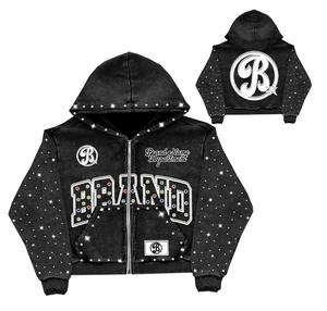 เสื้อฮู้ดซิปผ้าฝ้ายหนานุ่มทรงโอเวอร์ไซส์สไตล์วินเทจฟอกสีซีดแบบ OEM สำหรับผู้ชาย ประดับด้วยคริสตัล รับผลิตตามแบบ OEM - Product Image 2