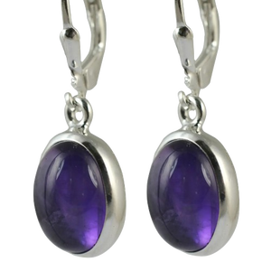 Boucles d'oreilles pendantes en argent sterling 925 avec améthyste naturelle, pierre précieuse violette, design ovale fait main, bijoux pour le mois de février, couleur or - Product Image 1