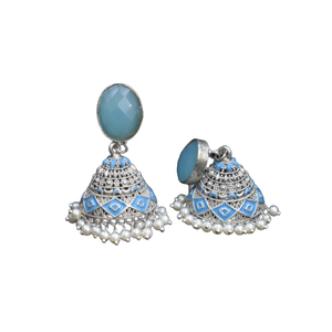 Hermosa pintura a mano Silver Look Alike Stone Stud Jhumka Pendiente Material de latón Pendiente Joyería para mujeres y niñas - Product Image 4