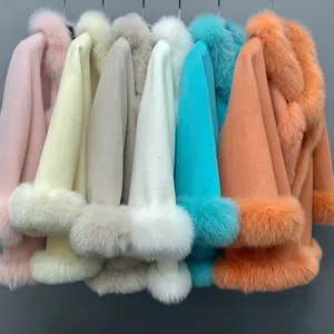 2023 wool cashmere fabric for coat Luxury huge genuine fox fur collar coat for women 2023 new winter warm fur p
