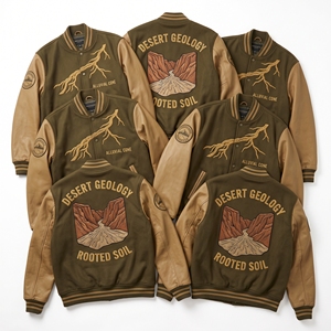 Chaqueta Varsity de Lana Directa de Fábrica, Abrigo Letterman Marrón, Bordado de Carpintería, Mangas de Cuero Beige, Estilo Bomber - Product Image 4