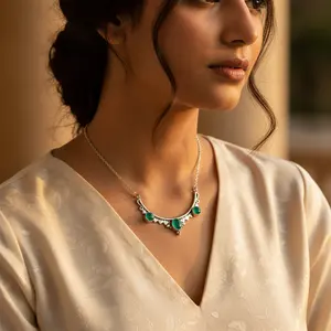 Women's 925 <b>Silver</b> <b>Necklace</b> Green Gemstone Cushion Cut <b>Diamond</b> 14K Gold Rhodium Plated Box Chain Geometric Pattern Pearl Gift - Product Image 2