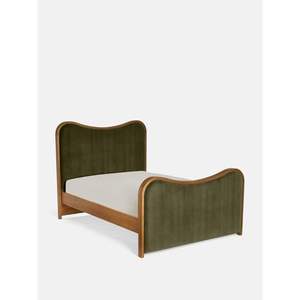 Lit Mid-Century Moderne en Bois et Velours Olive - Product Image 1