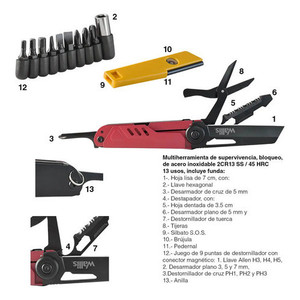 Multi-utensile di Sopravvivenza Wallis con 13 Funzioni, Manico in Alluminio Rosso e Nero - Product Image 2