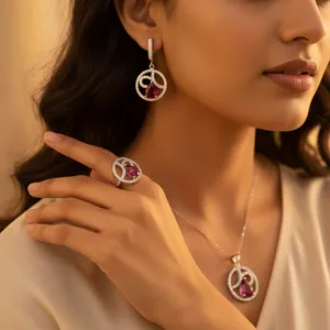 Ensemble de bijoux en argent 925 Art Palace, rubis, zircon, signe de la paix, boucles d'oreilles, bague, pendentif, style classique pour femmes, plaqué rhodium - Product Image 2