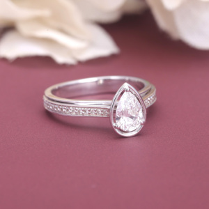 IGI Certified Pear Cut Lab Grown Diamond Bezel Set Engagement <b>Ring</b> 18K White / Rose & Yellow Gold Pave Shank Solitaire <b>Ring</b> - Product Image 2