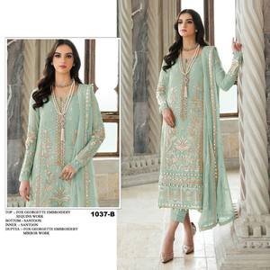 Traje de diseñador Heavy Fox Georgette Silk Salwar Suit Dupatta con Multi Thread Jari y bordado de secuencia Stich Work para la venta - Product Image 3