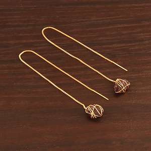 <b>Long</b> Threader <b>Earrings</b> Natural Raw Garnet Wire Warped Drop Dangle <b>Earrings</b> January Birthstone Threader <b>Earrings</b> Present for Her - Product Image 6