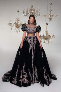 2025 @ Dazzling Algérien-Robe caftan noire traditionnelle avec traînée avec perles de verre ornées Dabka travail sur tissu de velours - Product Image 2