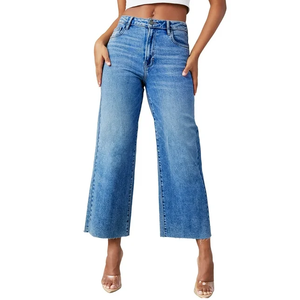 Jeans décontractés pour femmes de qualité supérieure pantalons jambe large taille haute Style droit Denim lavé pour le printemps plat Design élégant BD - Product Image 1