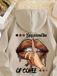 Sweat à capuche mode décontractée pour femmes sweat-shirt à lèvres imprimé lettre col rond manches longues automne et hiver chaud version régulière - Product Image 3