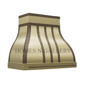 Campana Extractora de Estilo Rústico de Latón Sólido, Montada en Pared, con Diseño Arquitectónico Personalizado y Hecho a Mano con Tiras y Remaches - Product Image 1