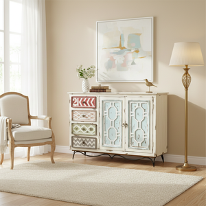 Antique Rustic Distressed French Sideboard CNC Carved Doors Drawers Vintage Shabby Chic Buffet <b>Cabinet</b> Large <b>Storage</b> Server - Product Image 1