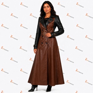 Tiierwear <b>Women's</b> Faux Leather Maxi Trench <b>Coat</b> <b>Double</b> <b>Breasted</b> Notched Collar Full Sleeve Windproof Autumn Outerwear - Product Image 4