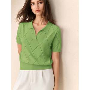 Women's Knitted <b>Argyle</b> Short Sleeve for Polo <b>Sweater</b>-Casual Logo Print Top - Product Image 4