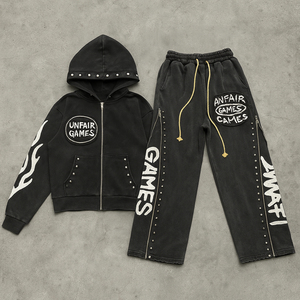 Fabricants de vêtements personnalisés, streetwear, patch, Asidwash, effet délavé, rivets, fermeture éclair, ensemble sweat-shirt et pantalon de survêtement, survêtement - Product Image 2