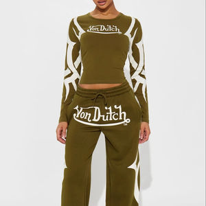 Premium quality customizable slim fitted long <b>sleeve</b> tee and baggy sweatpants for women silk screen printed breathable set - Product Image 1