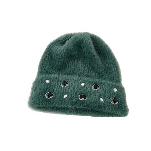 Wholesale Fashion Winter Knit <b>Hat</b> Warm <b>Faux</b> <b>Fur</b> Woolen Cap Crystal Shine Rhinestone Beanie - Product Image 1