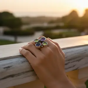 Bague en argent 925 plaqué rhodium avec pierres précieuses en péridot, améthyste et zircon pour femmes, sertie en bélière - Product Image 2