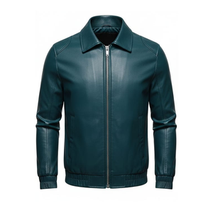 Chaqueta de Cuero Premium Color Verde Azulado Oscuro, Unisex, Piel de Vaca Genuina, Cuello Camisero, Chaqueta Bomber Informal, Bordado Personalizado en la Parte Delantera de Lona - Product Image 2