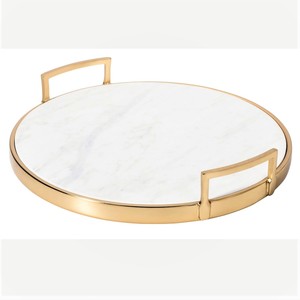 Bandeja de Servicio de Diseño Industrial de Mármol con Borde de Metal Dorado y Asas, Decorativa y de Lujo, para Mesa de Centro, Otomana, Decoración del Hogar, Regalo - Product Image 1