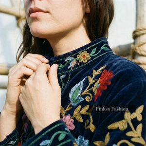 Nouvelle arrivée : veste en velours pour femme, style vintage, broderie florale ethnique, col mandarin élégant, vêtement formel bohème, toutes saisons - Product Image 6