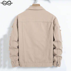 Veste en jean déchirée à poche à rabat effilochée pour hommes style rappeur de fête kaki uni avec poche à boutons kaki et vestes déchirées au design - Product Image 4