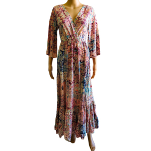 Vestido largo de seda tejida india con estampado geométrico coreano Y2K, cuello en V, corte en A, estilo bohemio, talla única, para primavera, sencillo, dulce y para uso diario. - Product Image 1