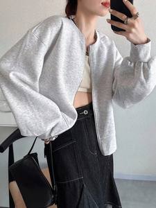 Sudadera corta con cremallera bidireccional gris jaspeado, jersey de cuello redondo de lana de algodón, dobladillo en capas, ropa de calle con hombros caídos de gran tamaño - Product Image 4