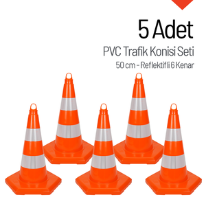 5 cônes de signalisation réfléchissants en PVC, 50 cm, légers, en PU/PC, pour avertissement routier, couleur réflecteur blanc - Product Image 1