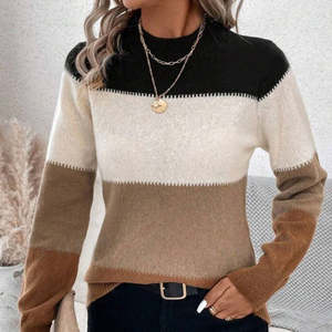 Jersey de punto de manga larga para mujer, suéter informal de invierno con borde cruzado con patrón de retazos y color de contraste - Product Image 2