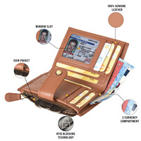 Dompet Lipat Dua Kulit Asli Buatan Tangan Model Pendek Pria Dengan Penutup Gesper Dan Slot Kartu