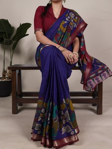 Sari Tradicional Chanderi con Estampado Floral, Poliéster Viscosa con Trabajo de Tejido Zari para Mujeres, Ropa de Fiesta para Adultos - Product Image 3