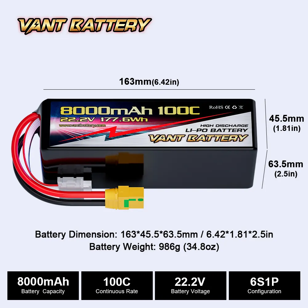 Batterie de drone RC 6S 22.2V 8000mAh 100C avec connecteur XT90-S pour modèles de voitures RC