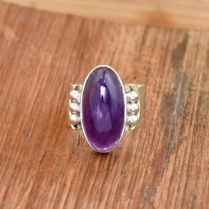 Anillo de amatista natural Anillo bohemio martillado ovalado largo de plata esterlina 925 - Product Image 2