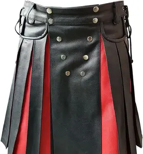 Hombres Negro Rojo Cuero Gladiador Plisado Utilidad Kilt Flat Front Pocket Wrap