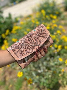 การออกแบบใหม่มือเครื่องมือแกะสลักกระเป๋าสตางค์มีสไตล์ผมบนหนัง Cowhide หลายใช้กระเป๋าสตางค์หนังแท้ตะวันตกสําหรับผู้หญิง - Product Image 6