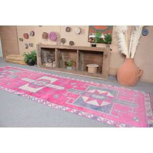 Modern Vintage Turkish Rug 3.4 X 11.6 ft <b>Pink</b> <b>Wool</b> Seagrass Abstract Pattern Large Area Rectangle Hallway Design New for Rooms - Product Image 4