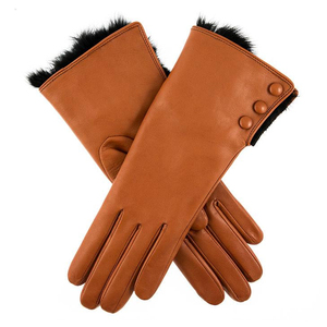 Brown Leather Touchscreen <b>Gloves</b> Fur Cuff Wrist Thermal Winter Daily Outdoor Wear Fashion Soft Eco-Friendly - Product Image 1