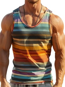 Débardeurs d'été rétro à rayures pour hommes Mode sans manches 3D imprimé Fitness Vest Loose Crew Neck Quick Dry Sports Tops - Product Image 3