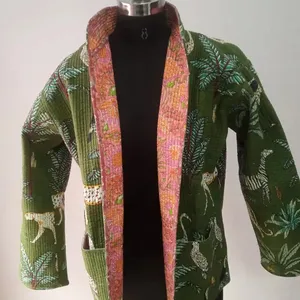 Chaquetas Kantha con estampado de bloque de mano de algodón indio, chaquetas de invierno de algodón puro para mujer, chaquetas acolchadas - Product Image 1