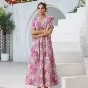 Indian Hand <b>Block</b> Floral <b>Printed</b> Cotton Dress Trendy Casual Summer Wear for Short Women Vintage Style with Sweet Logo Breathable - Product Image 1