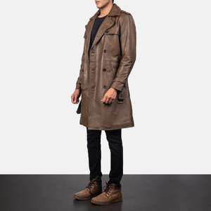 Royson <b>Men's</b> Stylish Brown Leather Duster <b>Coat</b> Hooded Overcoat Trench Blazer Pattern Heavy Fabric Knitted Warm Button Fur Print - Product Image 2