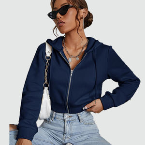 Sweat-shirt à capuche pour femme, couleur unie, zippé, court |   Sweat à capuche unisexe décontracté à fermeture éclair pour femmes, prix de gros, sweat à capuche pour femmes à fermeture éclair - Product Image 1