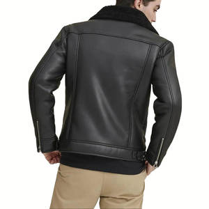 Veste bomber en cuir et fourrure de mouton écologique coupe-vent professionnelle grande taille slim fit pour hommes - Product Image 2