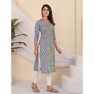 Kurti Verde de Algodón con Estampado Floral, Transpirable, Estilo Casual para el Día o para Salir, con Cintura Natural y Largo hasta el Suelo, Diseño ODM - Product Image 4
