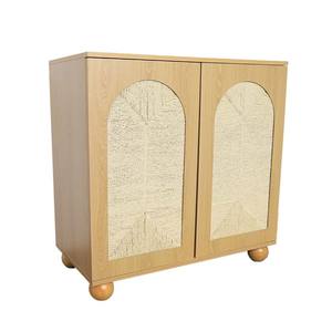 Buffet <span class=keywords><strong>en</strong></span> bois naturel avec portes <span class=keywords><strong>en</strong></span> rotin cintrées Étagères réglables Pieds ronds pour le rangement de l'entrée du salon - Product Image 6