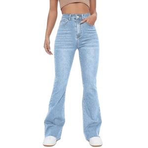 Jeans de mezclilla de moda con corte de bota, ajustados, con efecto desgastado y acampanados, para verano, uso diario, tela cómoda y transpirable, estilo urbano. - Product Image 1