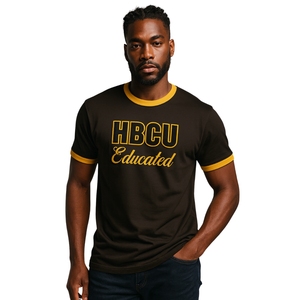 HBCU hombres educados Chenille contraste Trim Ringer camiseta marrón con letras bordadas doradas ropa universitaria de algodón suave - Product Image 1